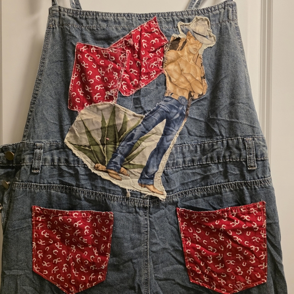 Denim Patchwork Overalls with Red Bandana Pockets - Picture 3 of 6
